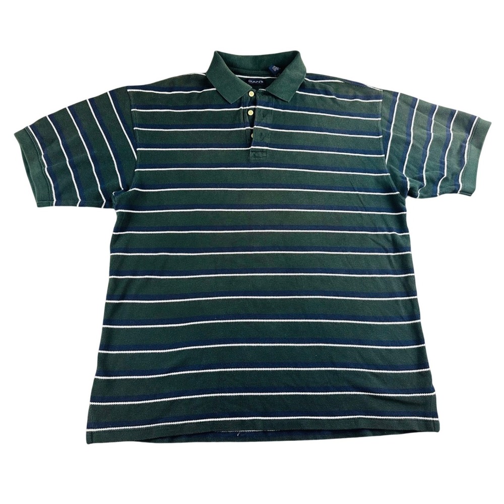 VTG Gant Polo Shirt Men XL Green Striped 100% Cotton Short‎ Sleeve Pique Button